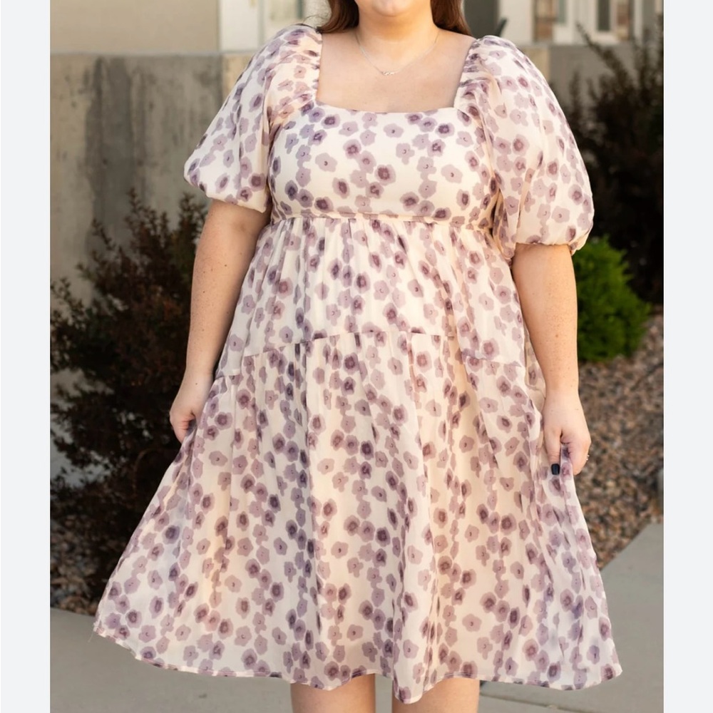 Polagram Pink Tan Puff Sleeve Midi Dress